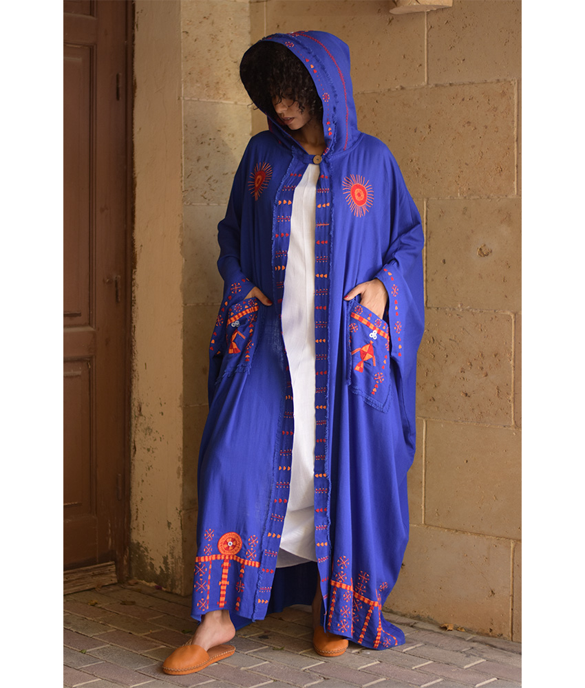 Electric Blue Siwa Embroidered Linen Cardigan/Abaya with Hoodie handmade in Egypt & available at Jozee Boutique.