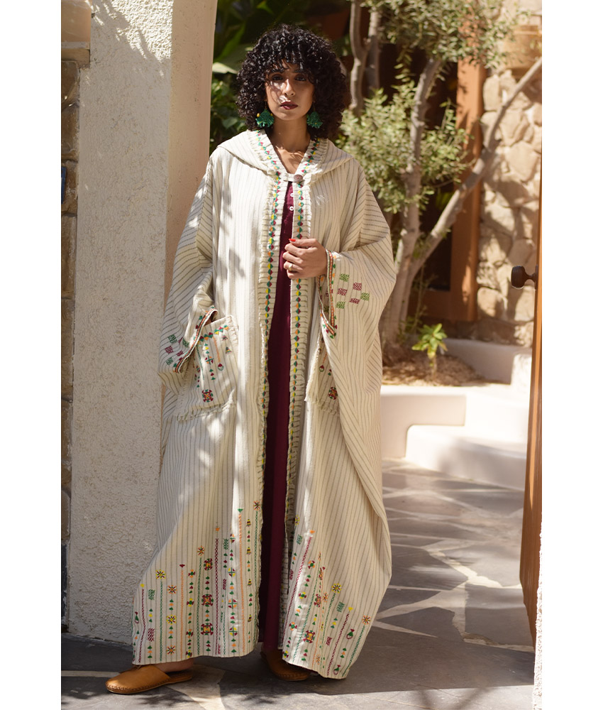 Off White & Green Stripped Siwa Embroidered Heavy Linen Cardigan with Hoodie handmade in Egypt & available at Jozee Boutique.