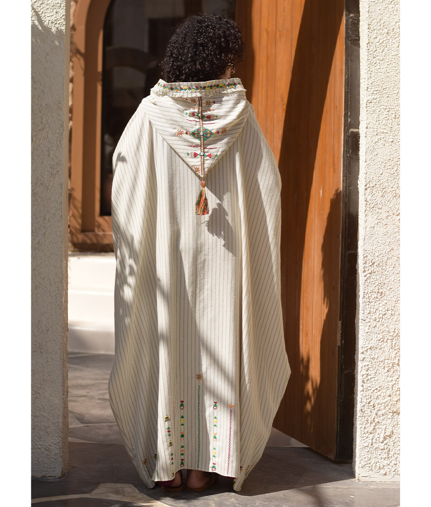 Off White & Green Stripped Siwa Embroidered Heavy Linen Cardigan with Hoodie handmade in Egypt & available at Jozee Boutique.