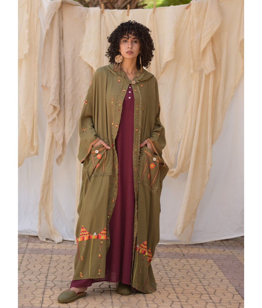 Army green Siwa Embroidered Linen Cardigan/Abaya with Hoodie handmade in Egypt & available at Jozee Boutique.