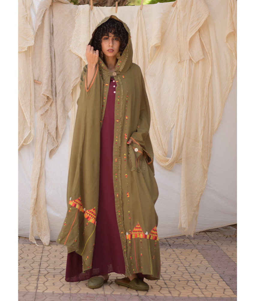 Army green Siwa Embroidered Linen Cardigan/Abaya with Hoodie handmade in Egypt & available at Jozee Boutique.