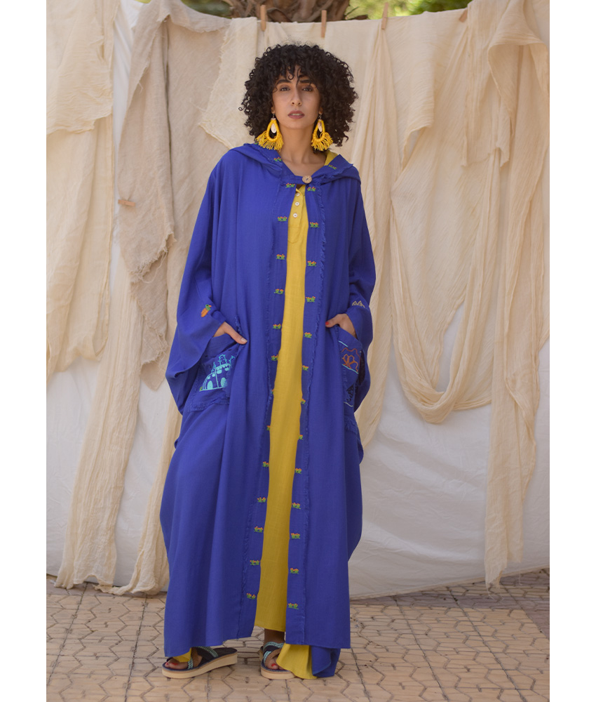 Electric blue Hand Embroidered Linen Cardigan/Abaya with Hoodie handmade in Egypt & available at Jozee Boutique.