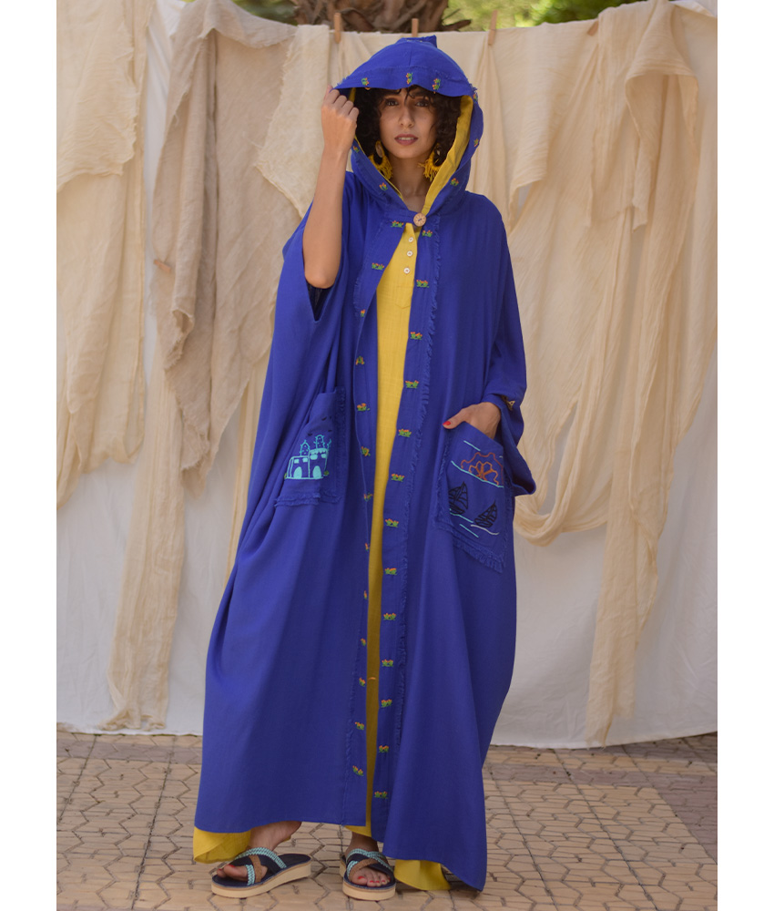 Electric blue Hand Embroidered Linen Cardigan/Abaya with Hoodie handmade in Egypt & available at Jozee Boutique.