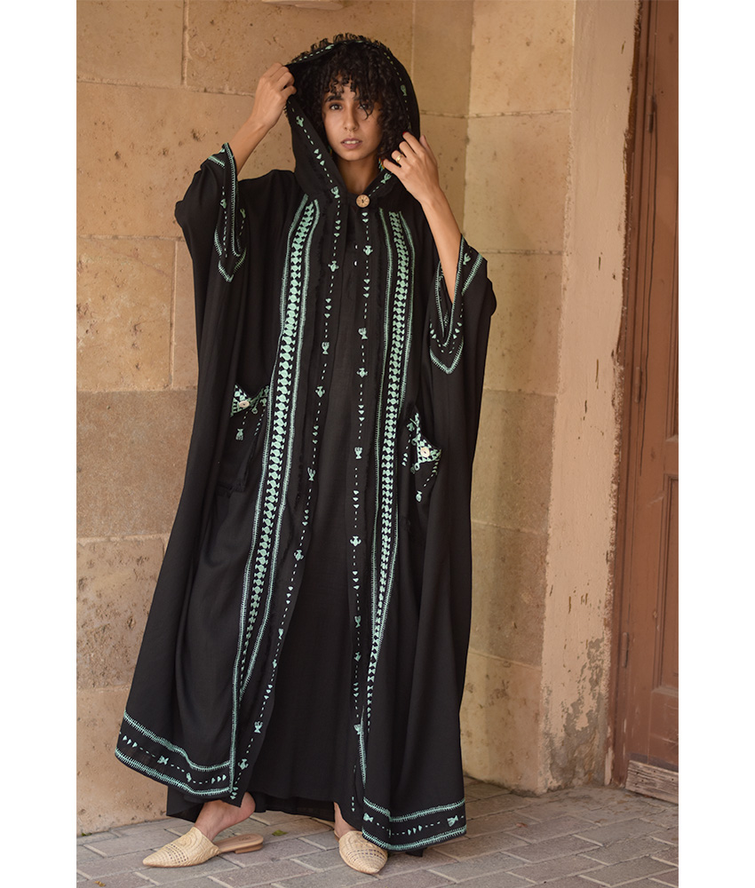 Black Siwa Embroidered Linen Cardigan/Abaya with Hoodie handmade in Egypt & available at Jozee Boutique.