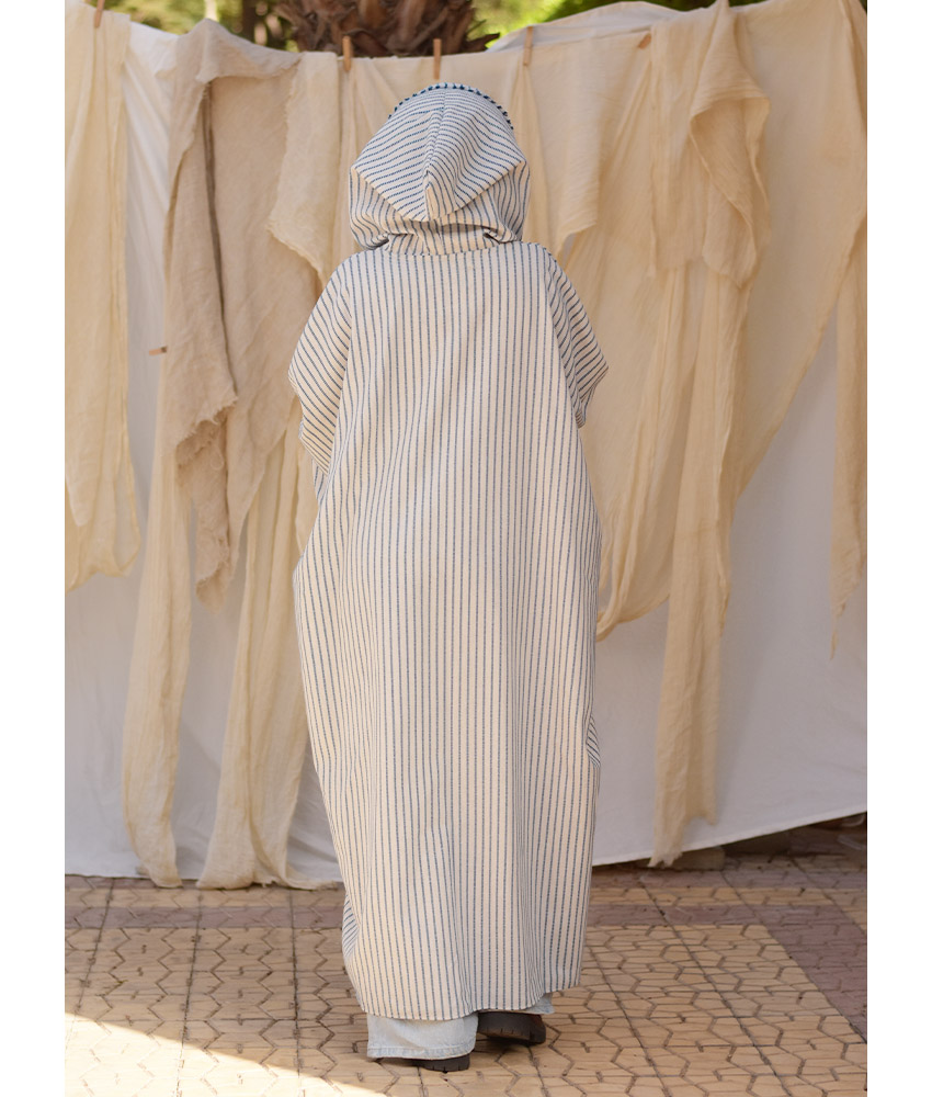 Off White & Blue Stripped Heavy Linen Cardigan with Hoodie handmade in Egypt & available at Jozee Boutique.