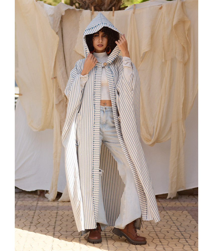 Off White & Blue Stripped Heavy Linen Cardigan with Hoodie handmade in Egypt & available at Jozee Boutique.