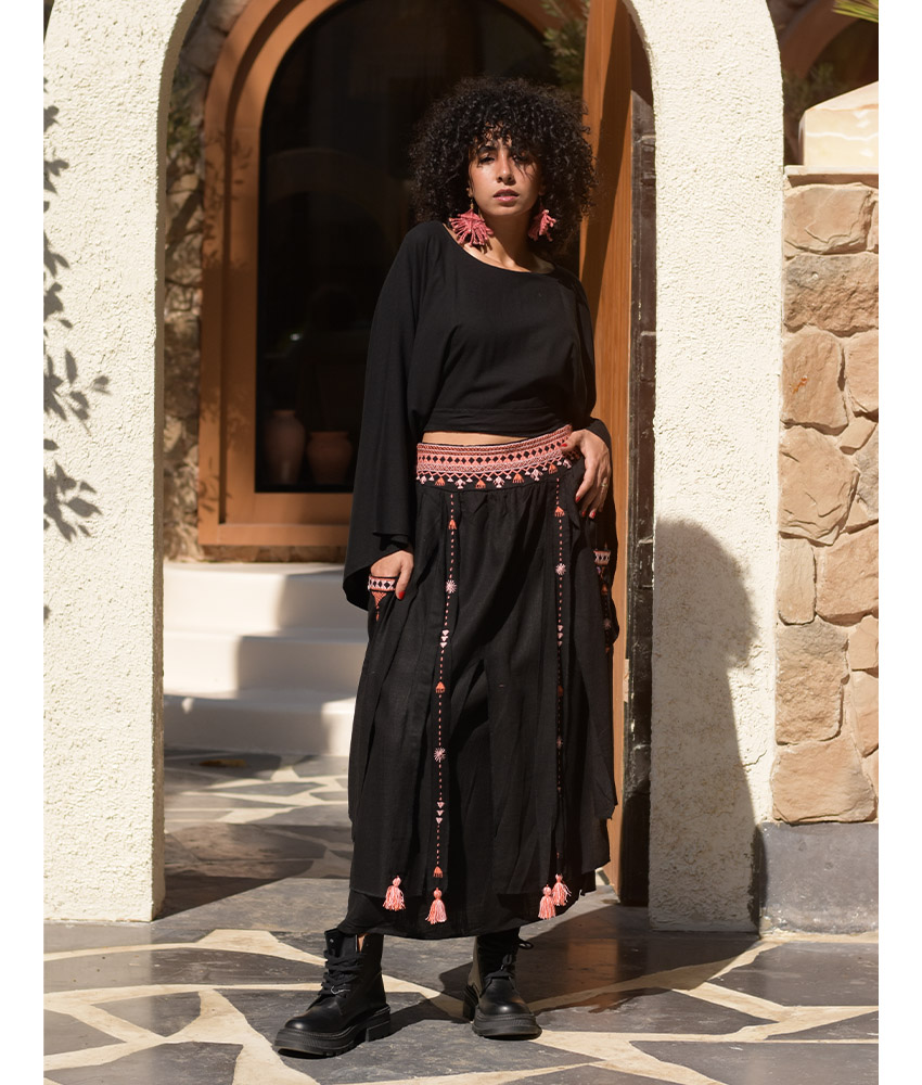 Black Siwa Embroidered Linen Slices Skirt handmade in Egypt & available in Jozee boutique