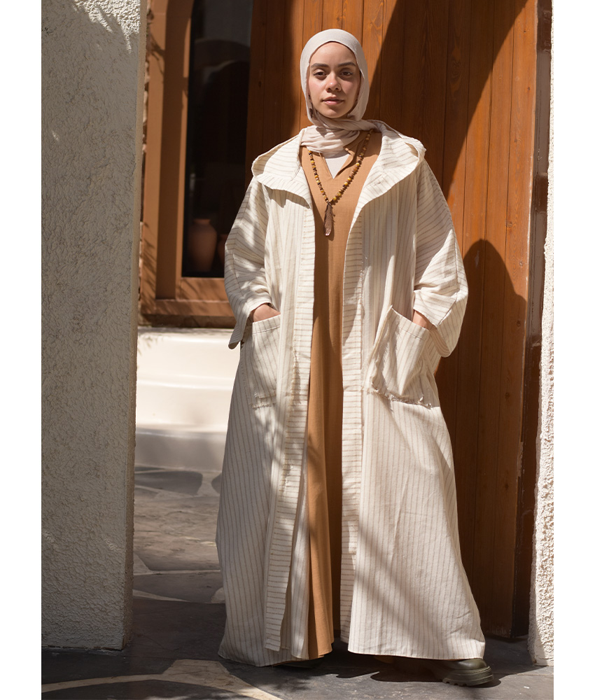 Off White & Beige Stripped Heavy Linen Cardigan with Hoodie handmade in Egypt & available at Jozee Boutique.