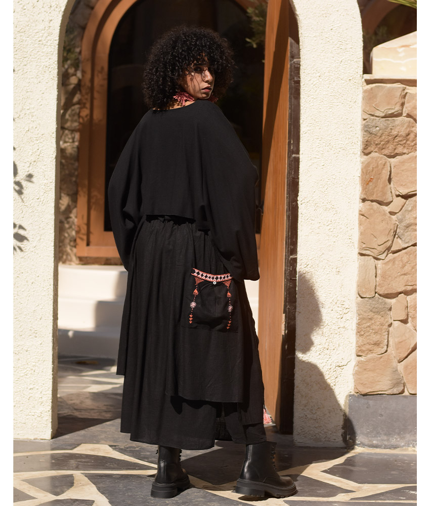 Black Siwa Embroidered Linen Slices Skirt handmade in Egypt & available in Jozee boutique