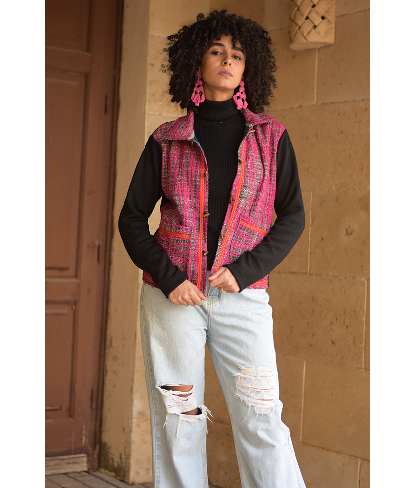 Black & Fuchsia Cropped Akhmim Loomwoven Jacket handmade in Egypt & available at Jozee Boutique.handmade in Egypt & available at Jozee Boutique.