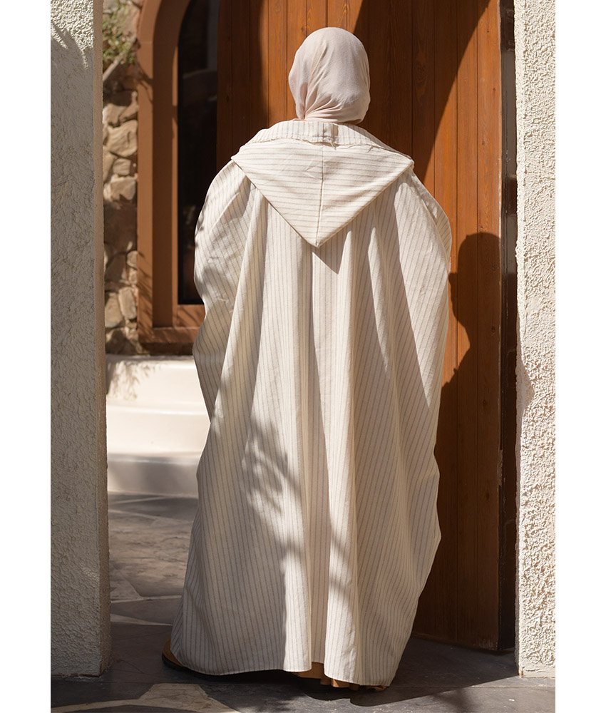 Off White & Beige Stripped Heavy Linen Cardigan with Hoodie handmade in Egypt & available at Jozee Boutique.