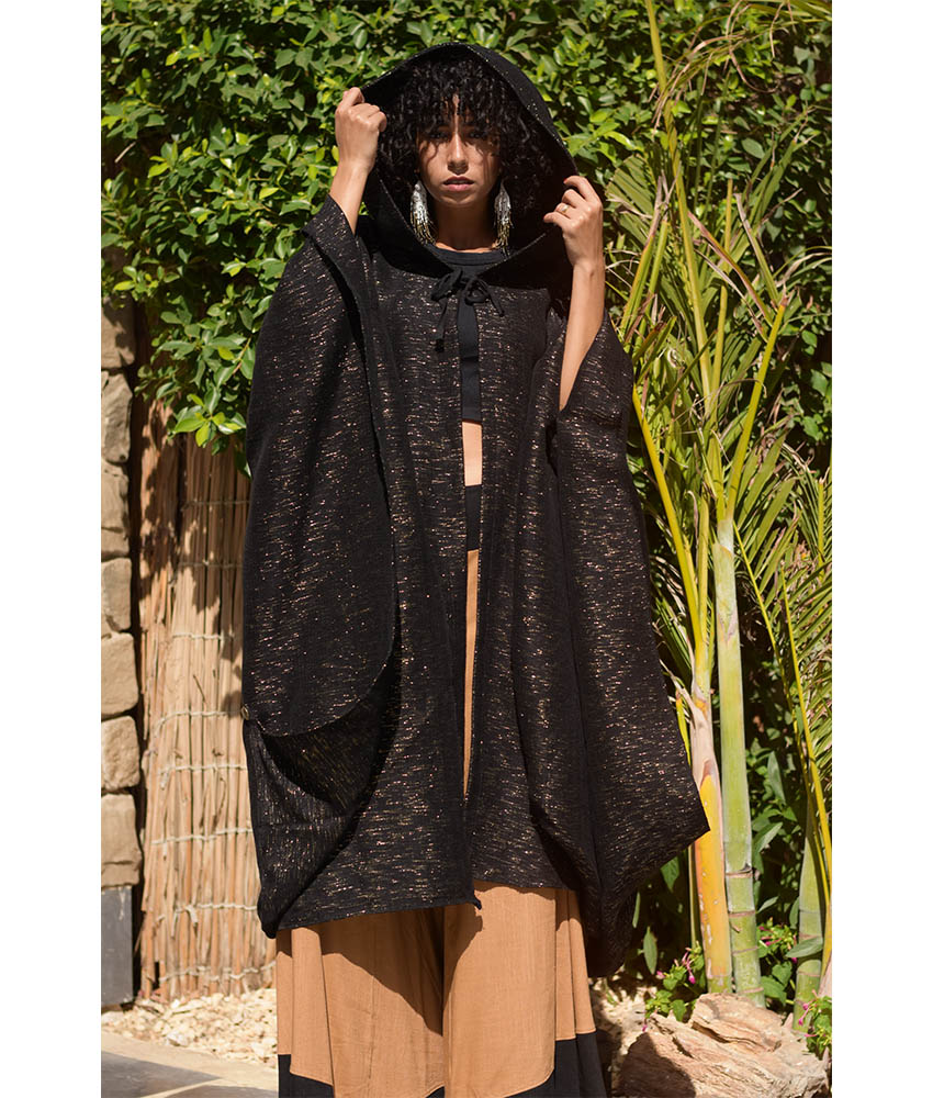 Black & Gold Handwoven Heavy Cotton Midi Cape handmade in Egypt & available at Jozee Boutique.handmade in Egypt & available at Jozee Boutique.