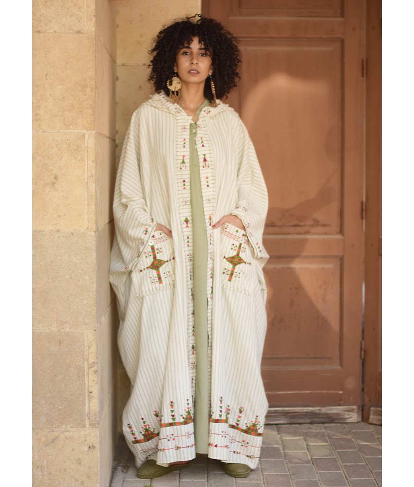 Off White & Green Stripped Siwa Embroidered Heavy Linen Cardigan with Hoodie handmade in Egypt & available at Jozee Boutique.
