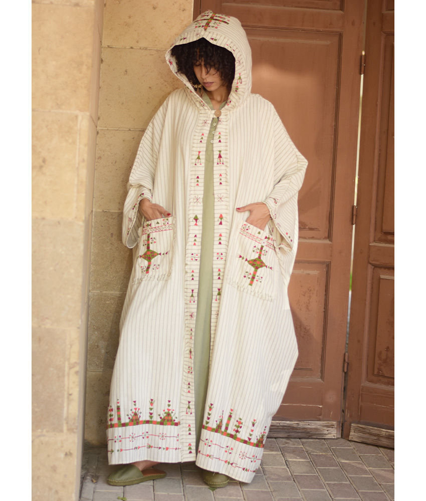 Off White & Green Stripped Siwa Embroidered Heavy Linen Cardigan with Hoodie handmade in Egypt & available at Jozee Boutique.