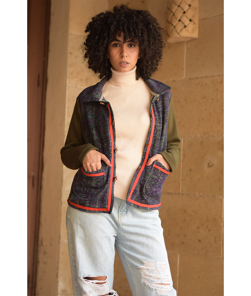 Dark Olive & Purple Cropped Akhmim Loomwoven Jacket handmade in Egypt & available at Jozee Boutique.