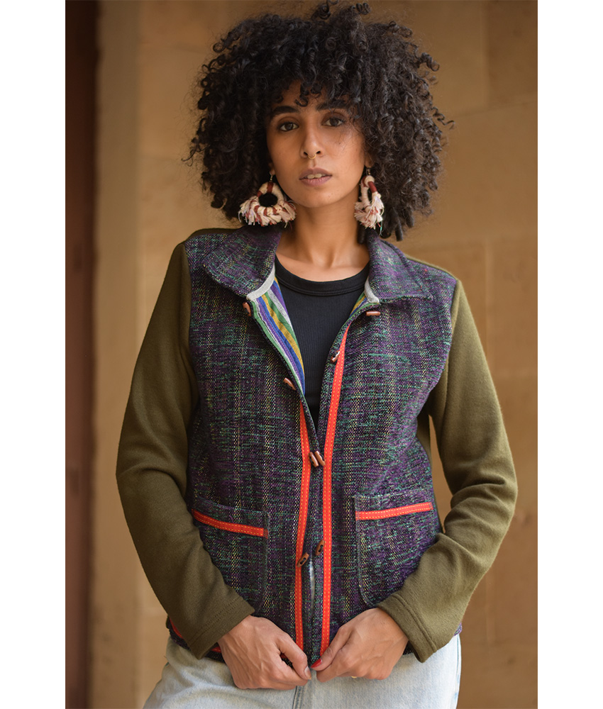 Dark Olive & Purple Cropped Akhmim Loomwoven Jacket handmade in Egypt & available at Jozee Boutique.