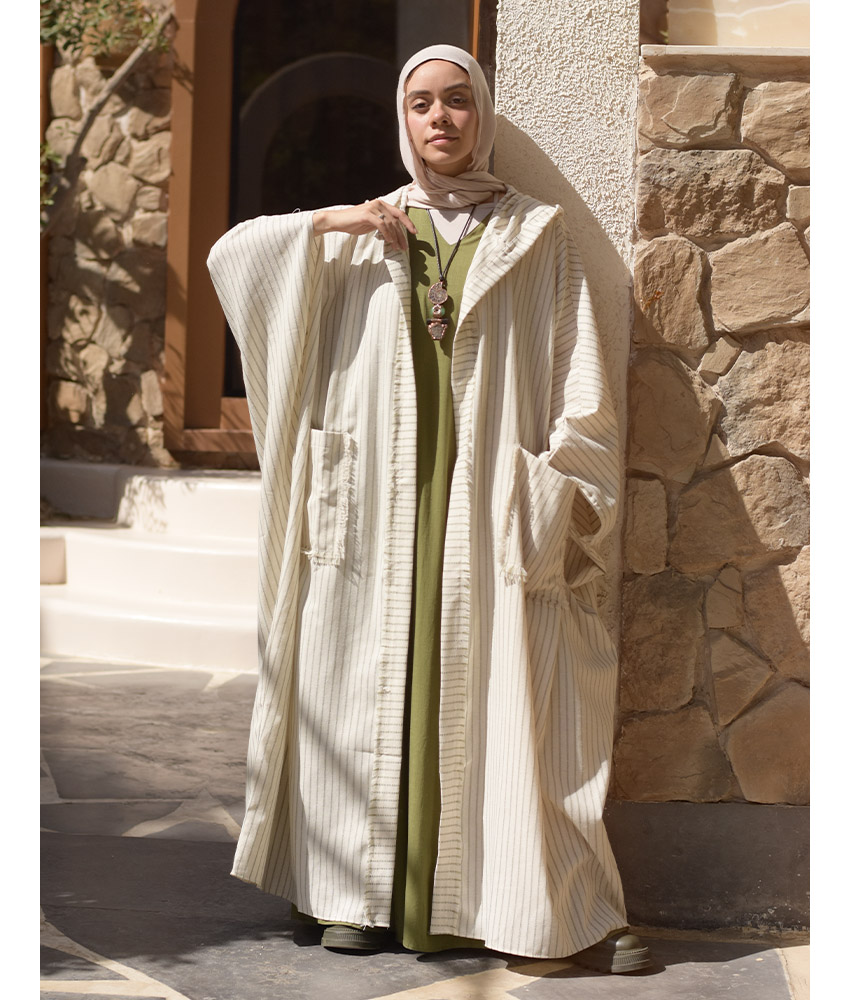 Off White & Green Stripped Heavy Linen Cardigan with Hoodie handmade in Egypt & available at Jozee Boutique.