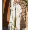 Off White & Green Stripped Heavy Linen Cardigan with Hoodie handmade in Egypt & available at Jozee Boutique.