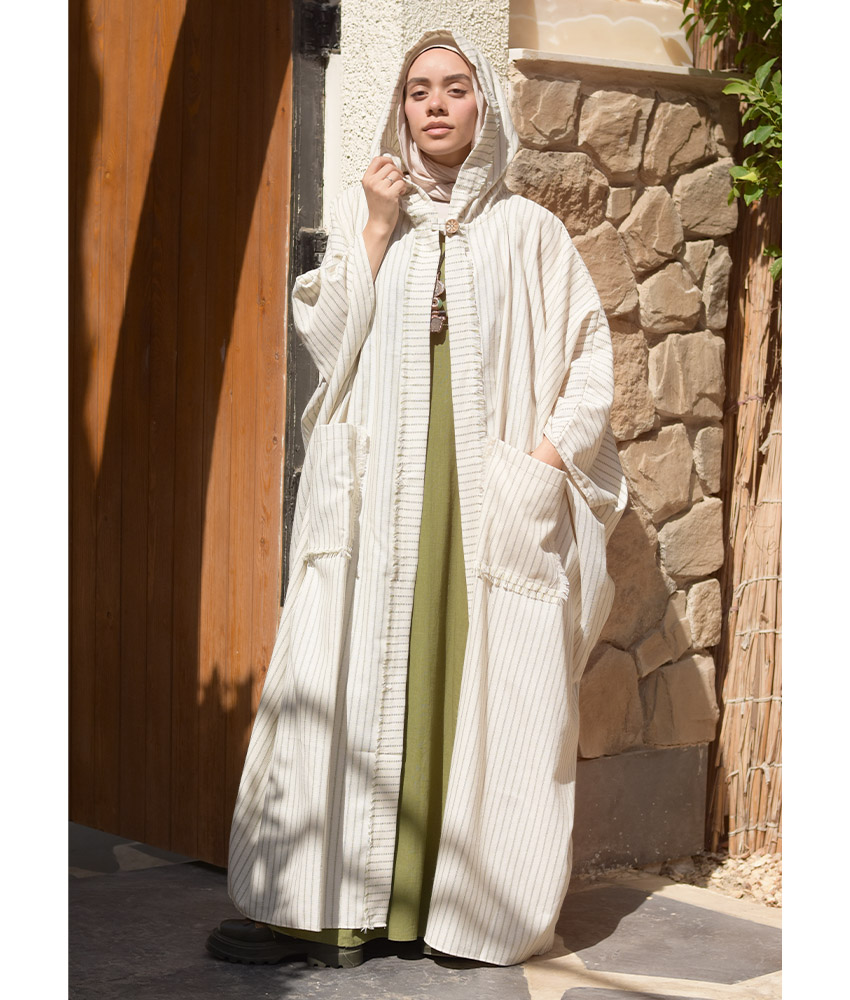 Off White & Green Stripped Heavy Linen Cardigan with Hoodie handmade in Egypt & available at Jozee Boutique.