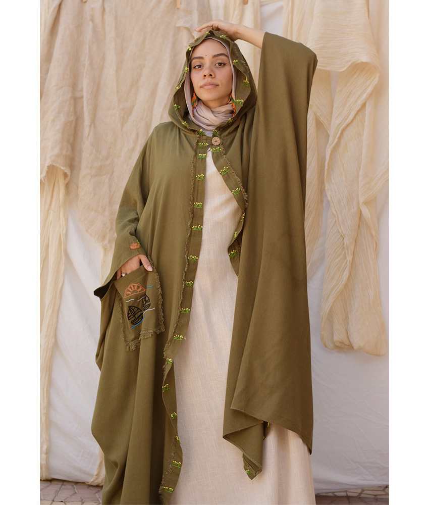 Army green Hand Embroidered Linen Cardigan/Abaya with Hoodie handmade in Egypt & available at Jozee Boutique.