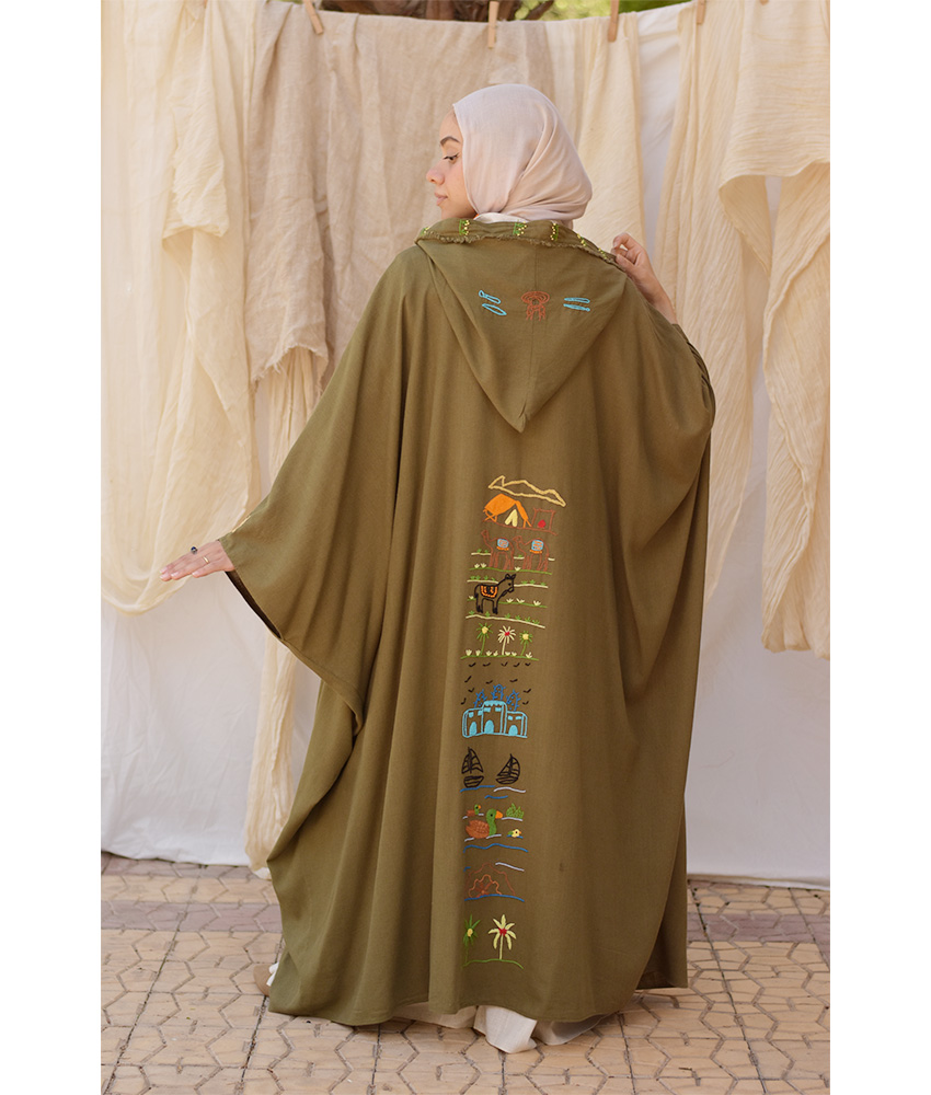 Army green Hand Embroidered Linen Cardigan/Abaya with Hoodie handmade in Egypt & available at Jozee Boutique.