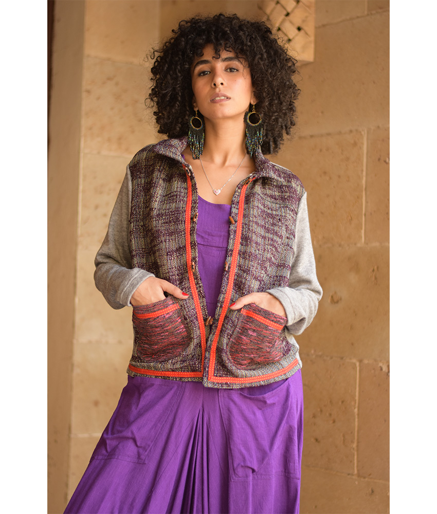 Grey & Multicolored Cropped Akhmim Loomwoven Jacket handmade in Egypt & available at Jozee Boutique.