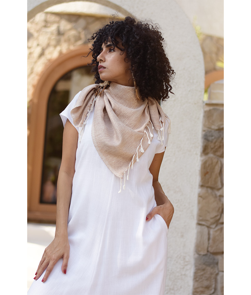 Beige Handwoven Viscose Square Scarf handmade in Egypt & available at Jozee Boutique.handmade in Egypt & available at Jozee Boutique.