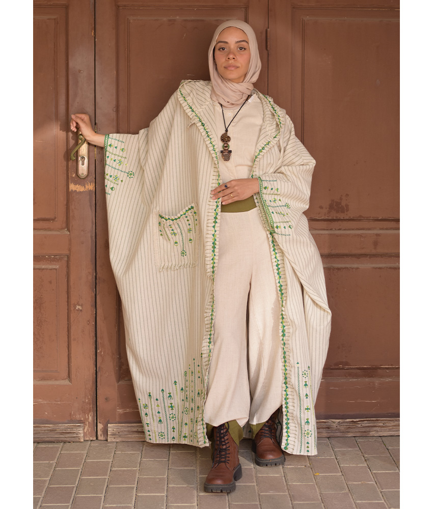 Off White & Green Stripped Siwa Embroidered Heavy Linen Cardigan with Hoodie handmade in Egypt & available at Jozee Boutique.