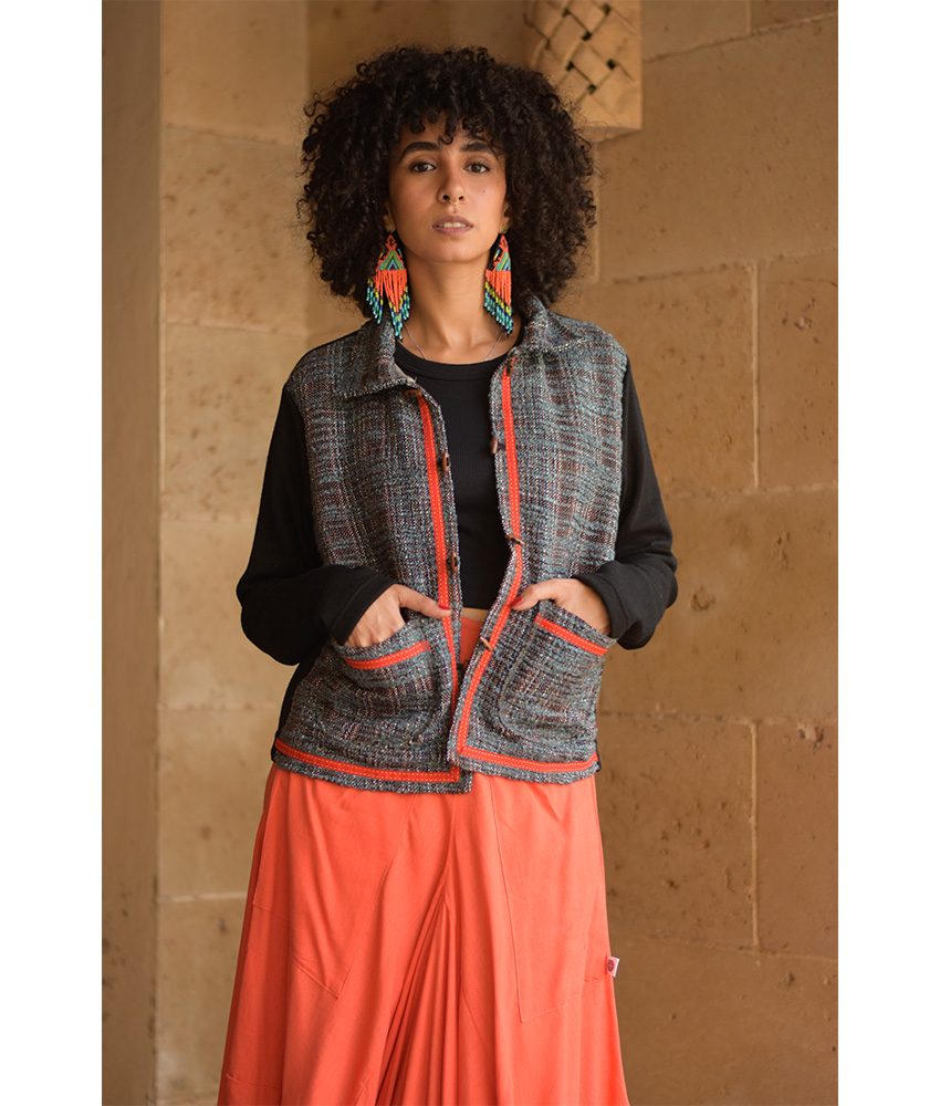 Black & Multicolored Cropped Akhmim Loomwoven Jacket handmade in Egypt & available at Jozee Boutique.handmade in Egypt & available at Jozee Boutique.