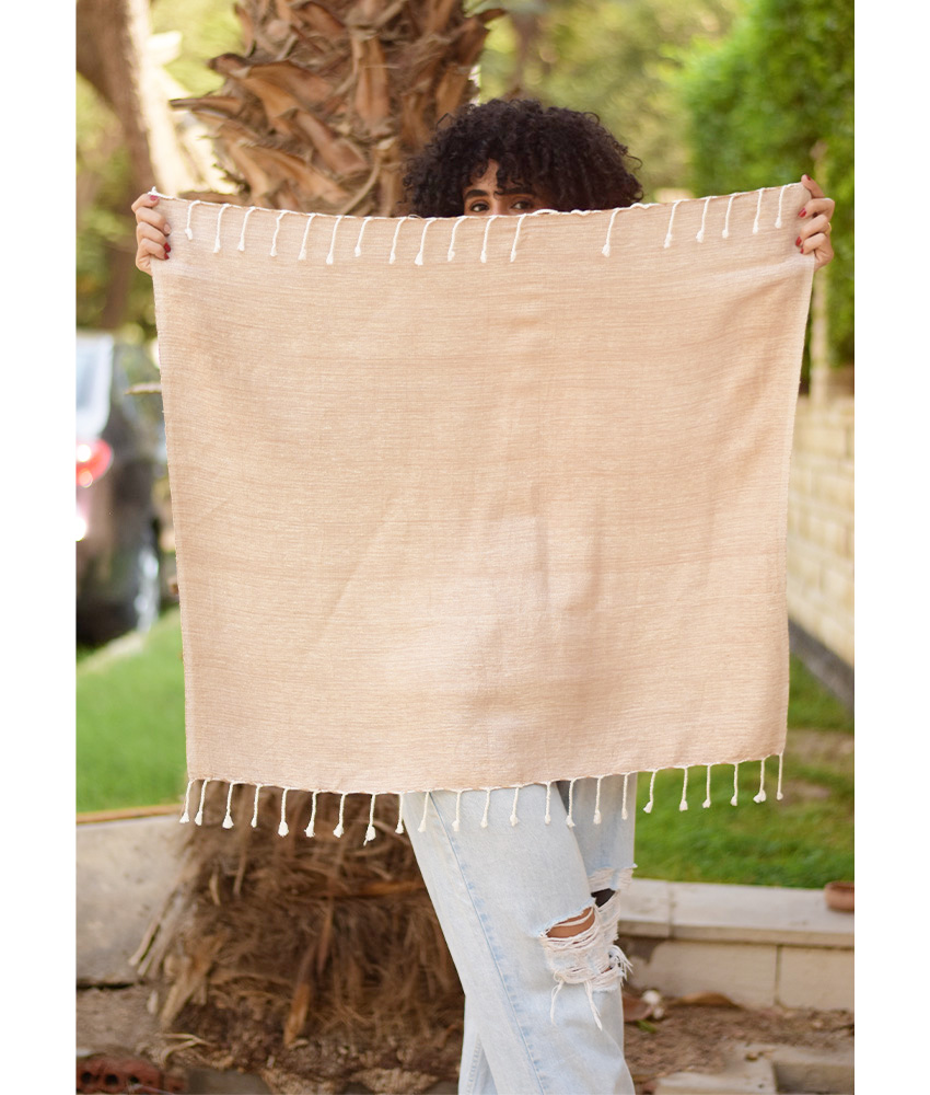 Beige Handwoven Viscose Square Scarf handmade in Egypt & available at Jozee Boutique.handmade in Egypt & available at Jozee Boutique.