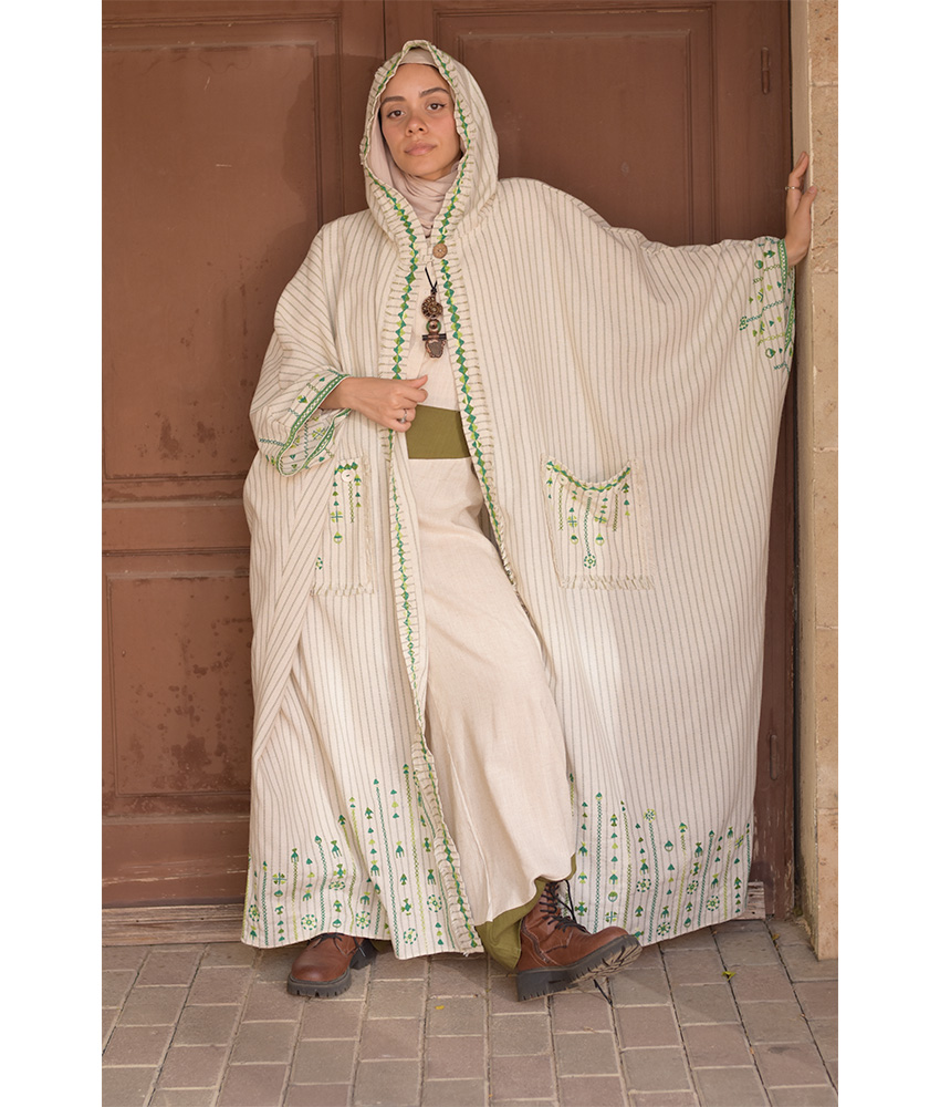 Off White & Green Stripped Siwa Embroidered Heavy Linen Cardigan with Hoodie handmade in Egypt & available at Jozee Boutique.