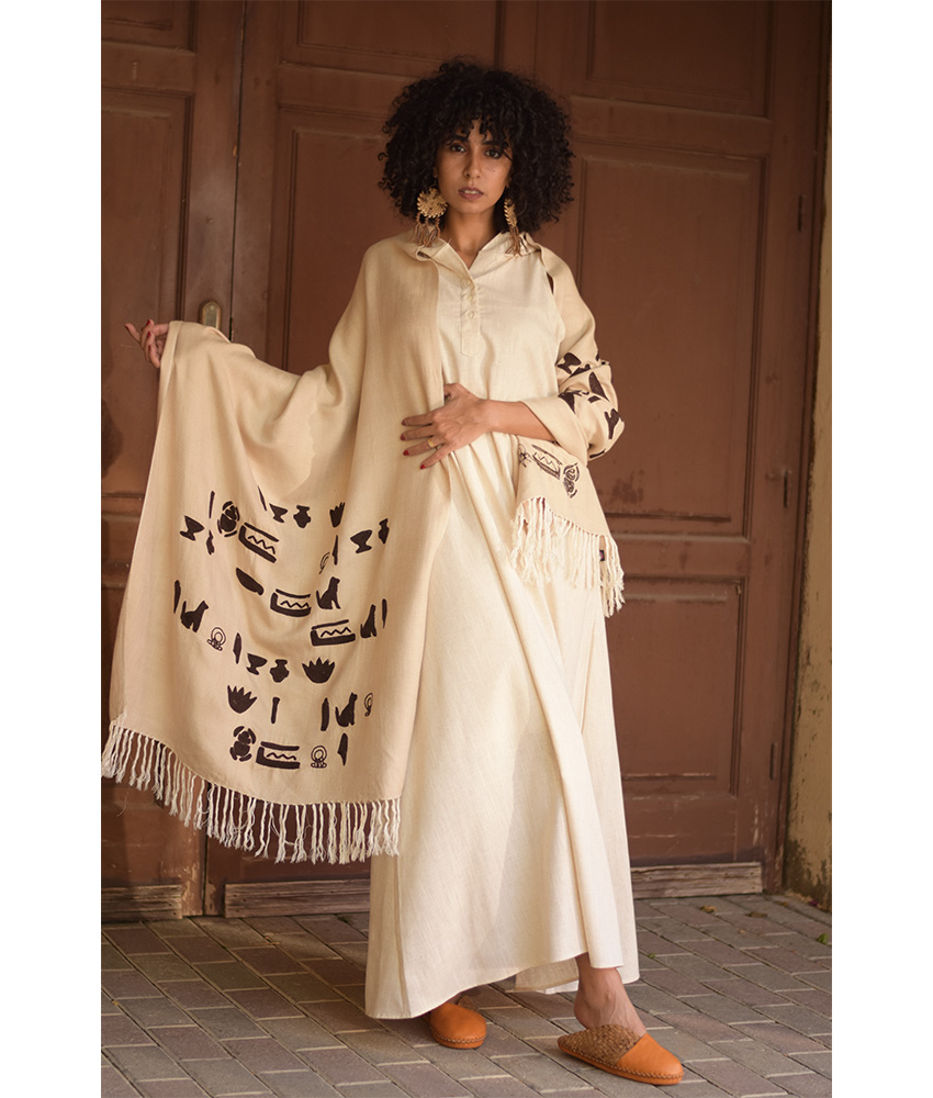 Off White Handwoven Cotton Shawl with Hand Embroideries handmade in Egypt & available in Jozee Boutique