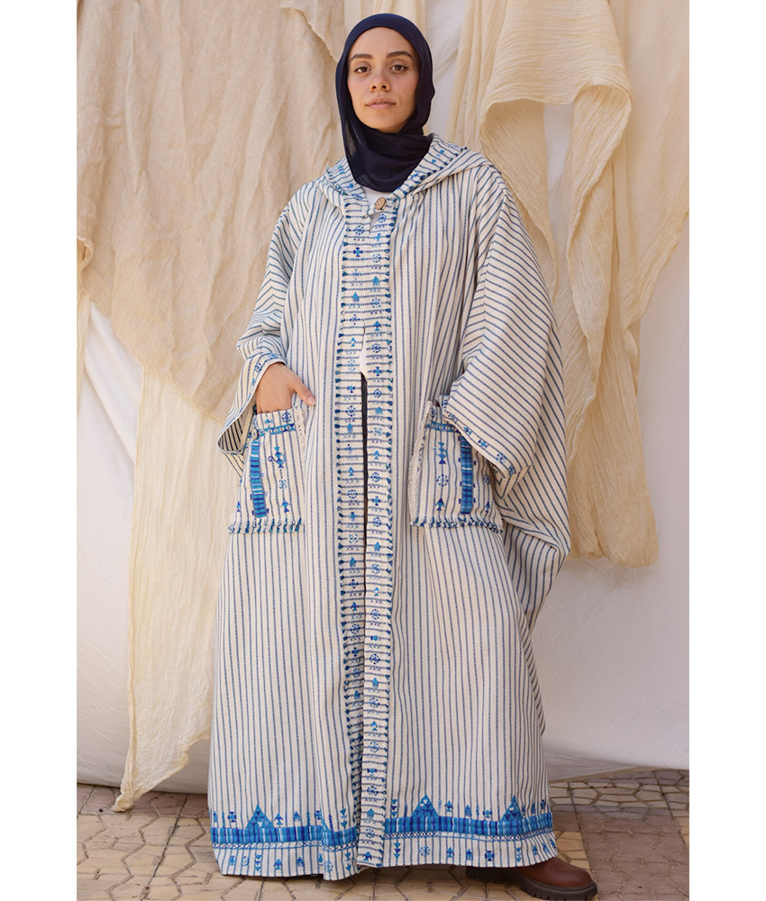 Off White & Blue Stripped Siwa Embroidered Heavy Linen Cardigan with Hoodie handmade in Egypt & available at Jozee Boutique.
