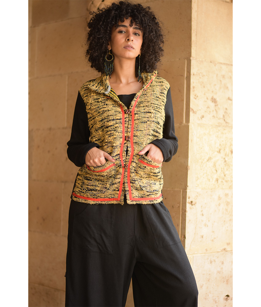 Black & Mustard Cropped Akhmim Loomwoven Jacket handmade in Egypt & available at Jozee Boutique.handmade in Egypt & available at Jozee Boutique.