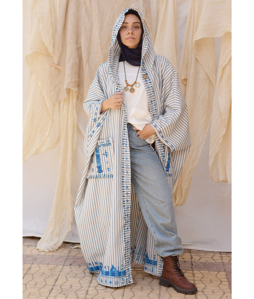 Off White & Blue Stripped Siwa Embroidered Heavy Linen Cardigan with Hoodie handmade in Egypt & available at Jozee Boutique.