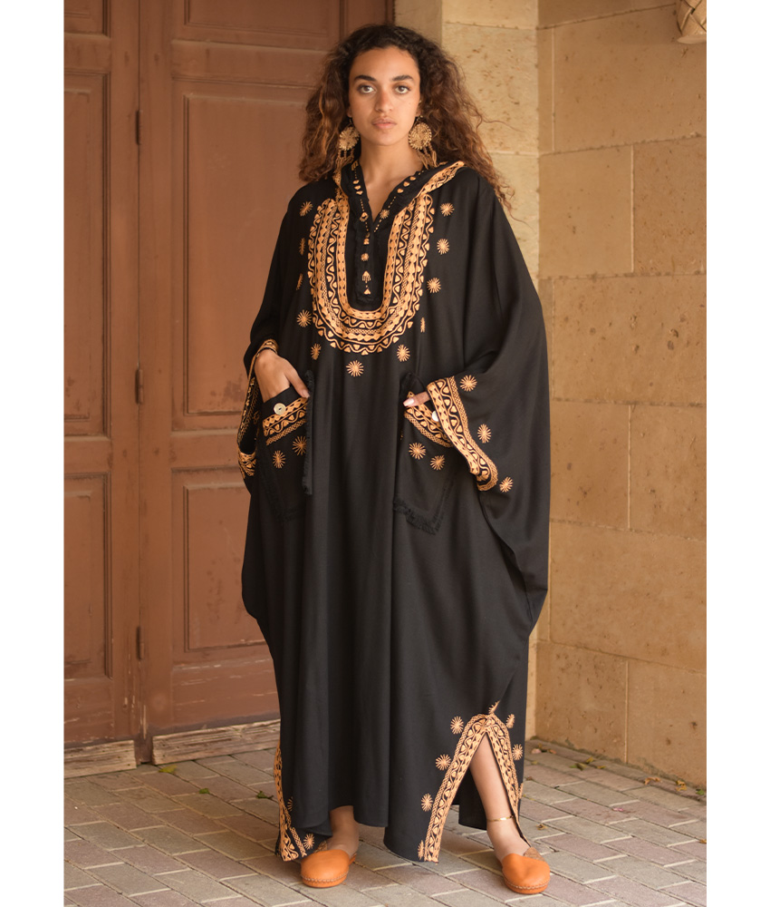 Black Siwa Embroidered Linen Kaftan with Hoodie handmade in Egypt & available at Jozee Boutique.