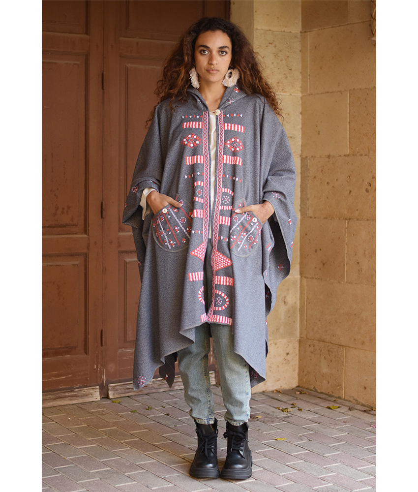 Grey Siwa Embroidered Wool Midi Cape handmade in Egypt & available at Jozee Boutique.