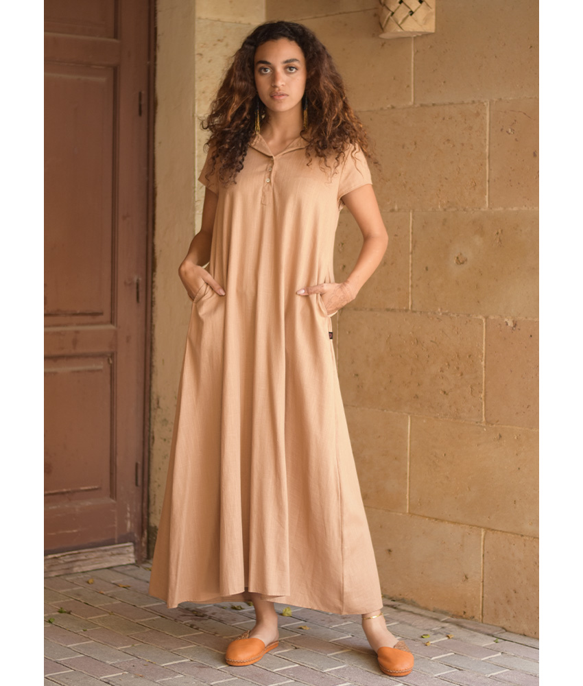 Dark beige Linen Dress with Hoodie handmade in Egypt & available at Jozee Boutique.