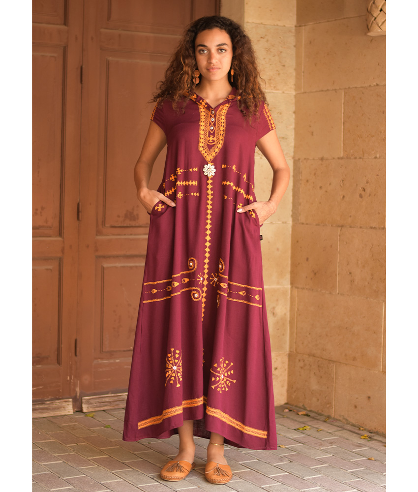 Burgundy Siwa Heavily Embroidered Linen Dress with Hoodie handmade in Egypt & available at Jozee Boutique.