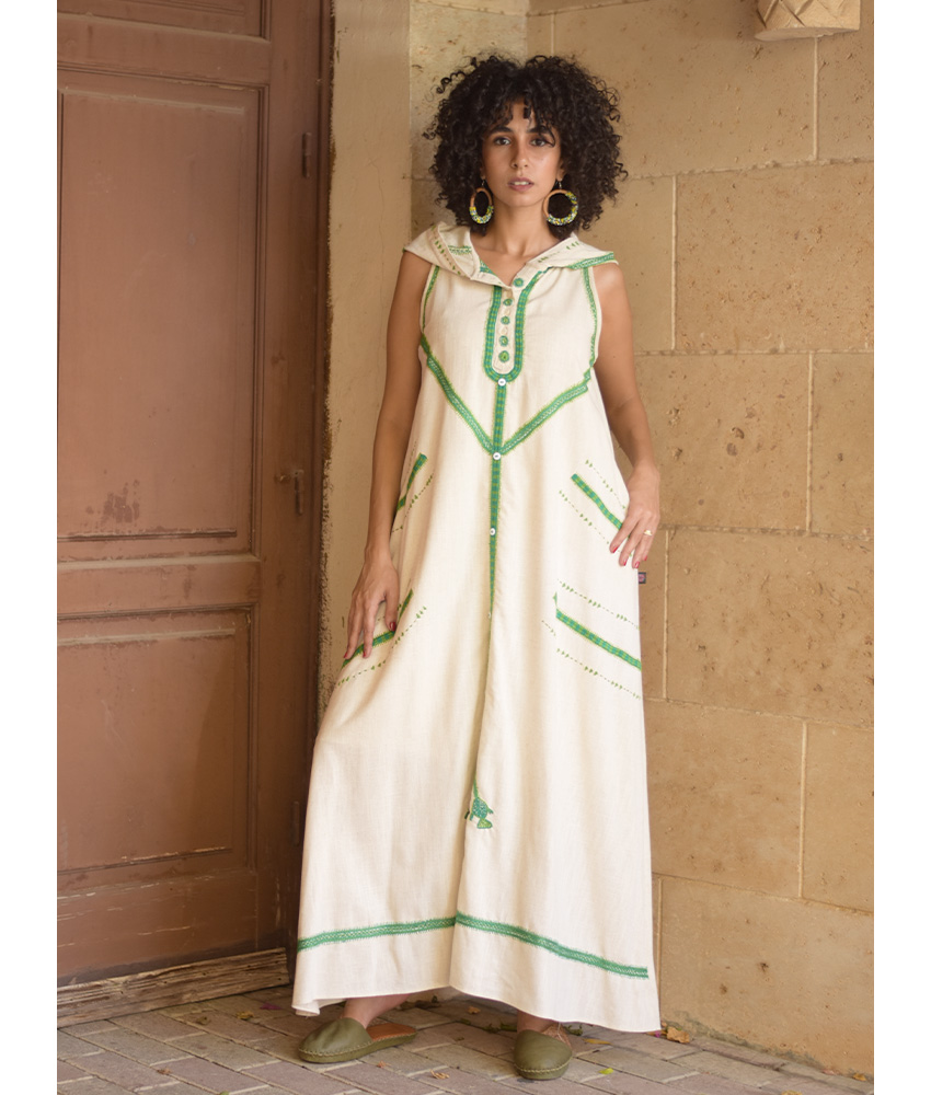 Off white Siwa Embroidered Linen Dress with Hoodie handmade in Egypt & available at Jozee Boutique.