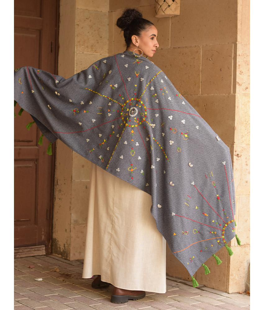 Grey Thin Wool Siwa Embroidered Shawl Handmade in Egypt & available at Jozee Boutique
