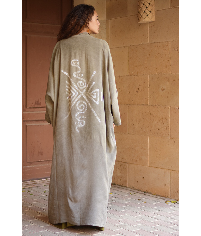 Olive Batik Dyed Nubian Cardigan handmade in Egypt & available at Jozee Boutique.
