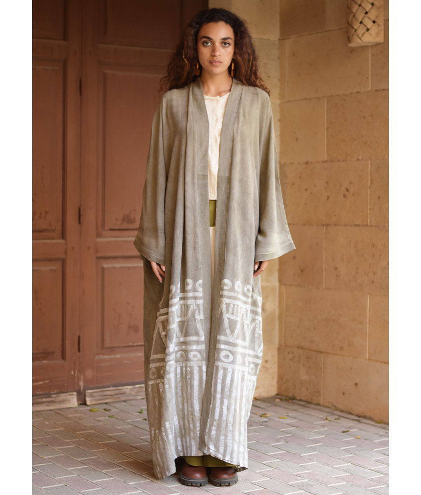 Olive Batik Dyed Nubian Cardigan handmade in Egypt & available at Jozee Boutique.