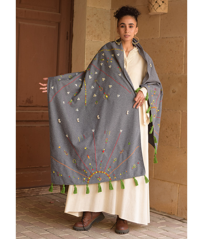 Grey Thin Wool Siwa Embroidered Shawl Handmade in Egypt & available at Jozee Boutique