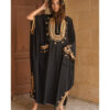 Black Saiwa Embroidered Linen Kaftan with Hoodie handmade in Egypt & available at Jozee Boutique.