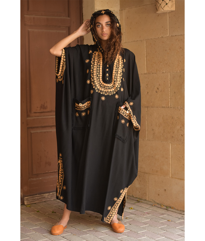Black Saiwa Embroidered Linen Kaftan with Hoodie handmade in Egypt & available at Jozee Boutique.