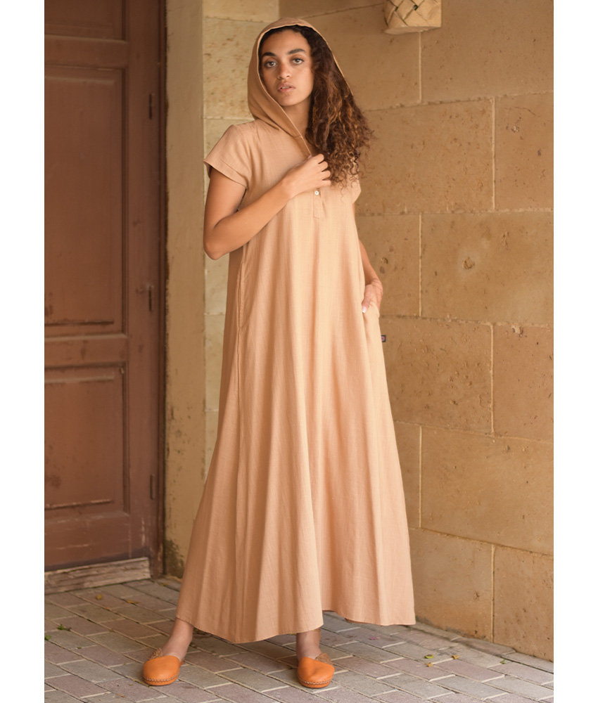 Dark beige Linen Dress with Hoodie handmade in Egypt & available at Jozee Boutique.
