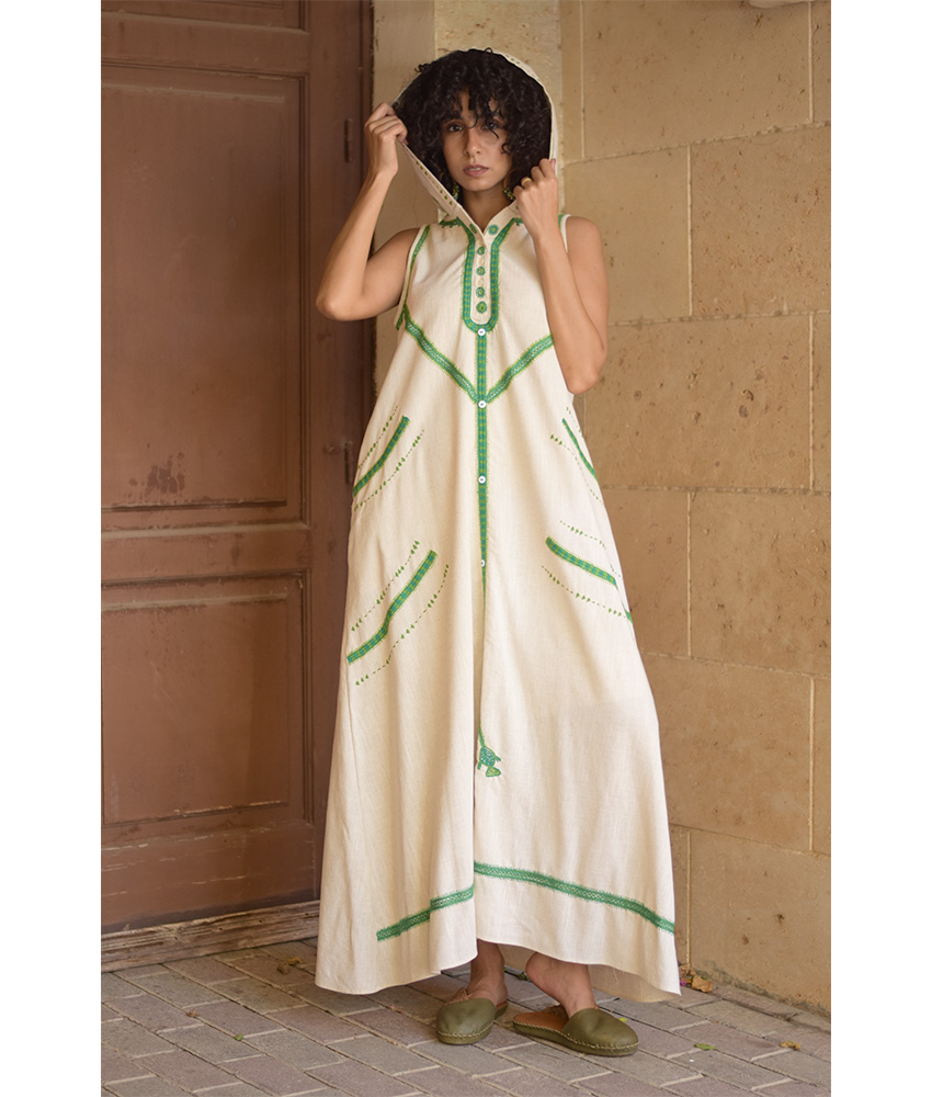 Off white Siwa Embroidered Linen Dress with Hoodie handmade in Egypt & available at Jozee Boutique.