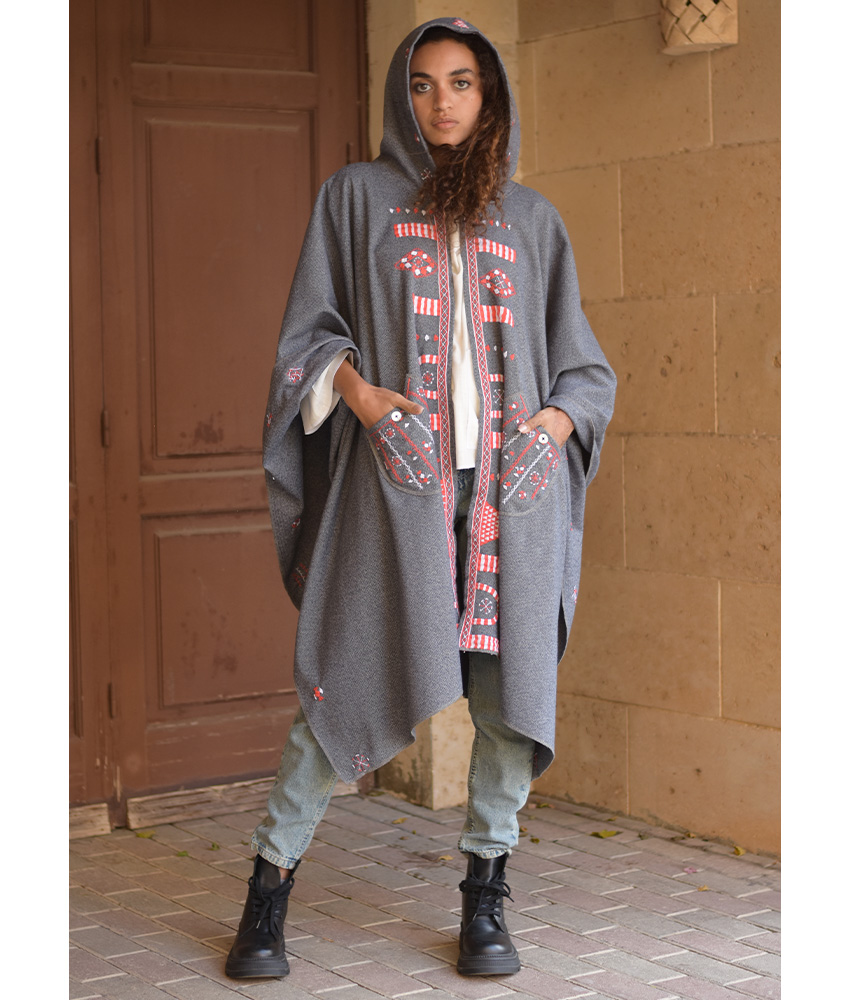 Grey Siwa Embroidered Wool Midi Cape handmade in Egypt & available at Jozee Boutique.