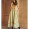 Light olive Siwa Heavily Embroidered Linen Dress with Hoodie handmade in Egypt & available at Jozee Boutique.